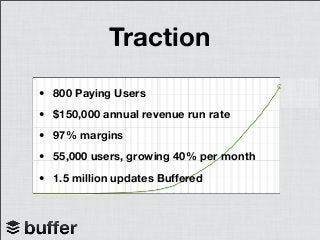 Traction
• 800 Paying Users
• $150,000 annual revenue run rate
• 97% margins
• 55,000 users, growing 40% per month
• 1.5 million updates Buffered
 