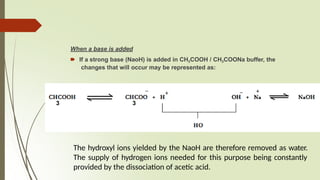 When a base is added
🠶 If a strong base (NaoH) is added in CH3COOH / CH3COONa buffer, the
changes that will occur may be represented as:
3 3
The hydroxyl ions yielded by the NaoH are therefore removed as water.
The supply of hydrogen ions needed for this purpose being constantly
provided by the dissociation of acetic acid.
_
+
_ +
 