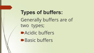 Types of buffers:
Generally buffers are of
two types;
🠶Acidic buffers
🠶Basic buffers
 