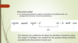 When a base is added
 If a strong base (NaoH) is added in CH3COOH / CH3COONa buffer, the
changes that will occur may be represented as:
3 3
The hydroxyl ions yielded by the NaoH are therefore removed as water.
The supply of hydrogen ions needed for this purpose being constantly
provided by the dissociation of acetic acid.
_
+
_ +
 