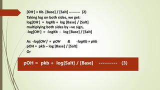[OH-] = Kb. [Base] / [Salt] --------- (2)
Taking log on both sides, we get:
log[OH-] = logKb + log [Base] / [Salt]
multiplying both sides by –ve sign,
-log[OH-] = -logKb - log [Base] / [Salt]
As -log[OH-] = pOH & -logKb = pkb
pOH = pkb – log [Base] / [Salt]
Or
pOH = pkb + log[Salt] / [Base] ---------- (3)
 