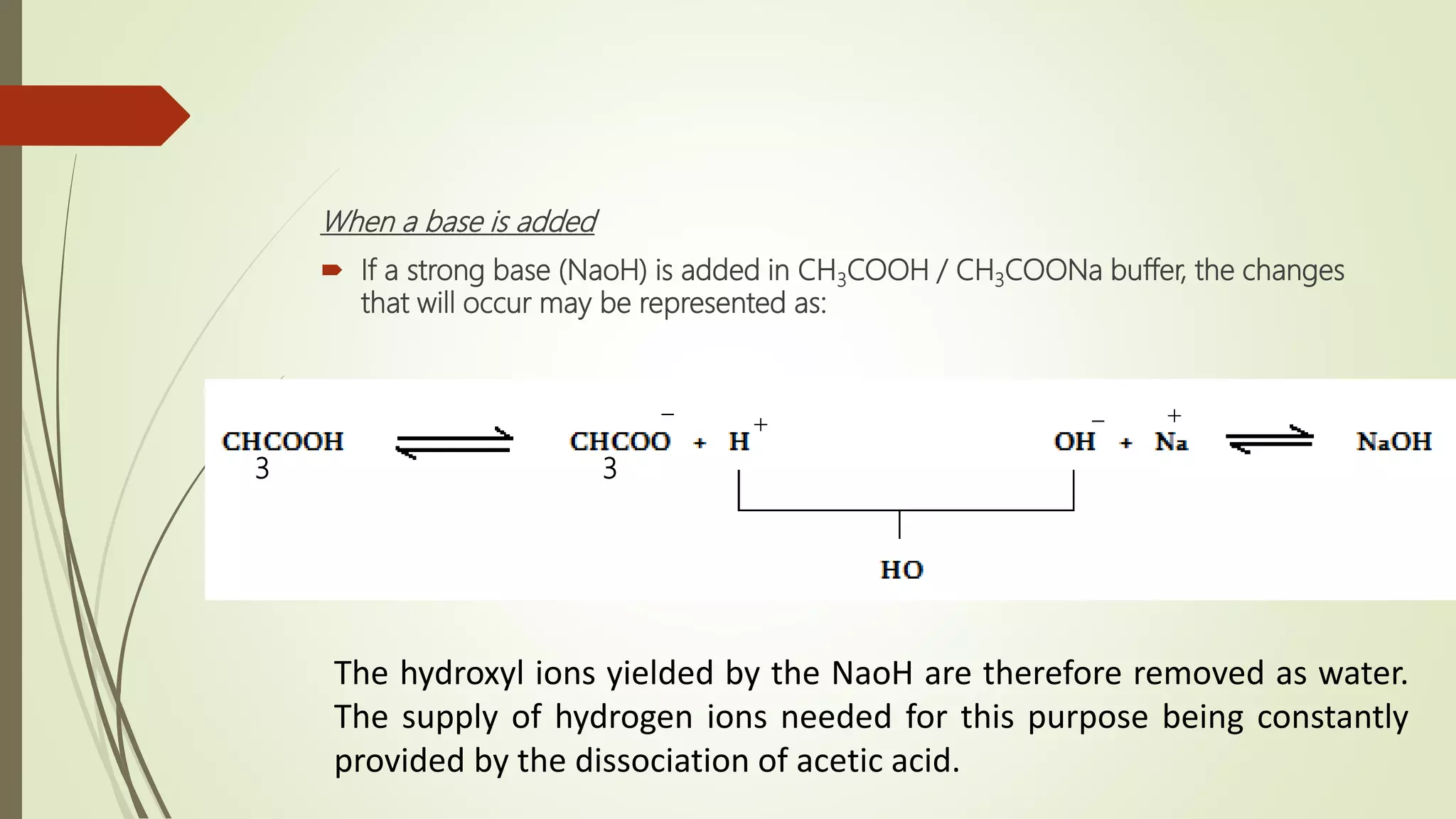 When a base is added
 If a strong base (NaoH) is added in CH3COOH / CH3COONa buffer, the changes
that will occur may be represented as:
3 3
The hydroxyl ions yielded by the NaoH are therefore removed as water.
The supply of hydrogen ions needed for this purpose being constantly
provided by the dissociation of acetic acid.
_
+
_ +
 