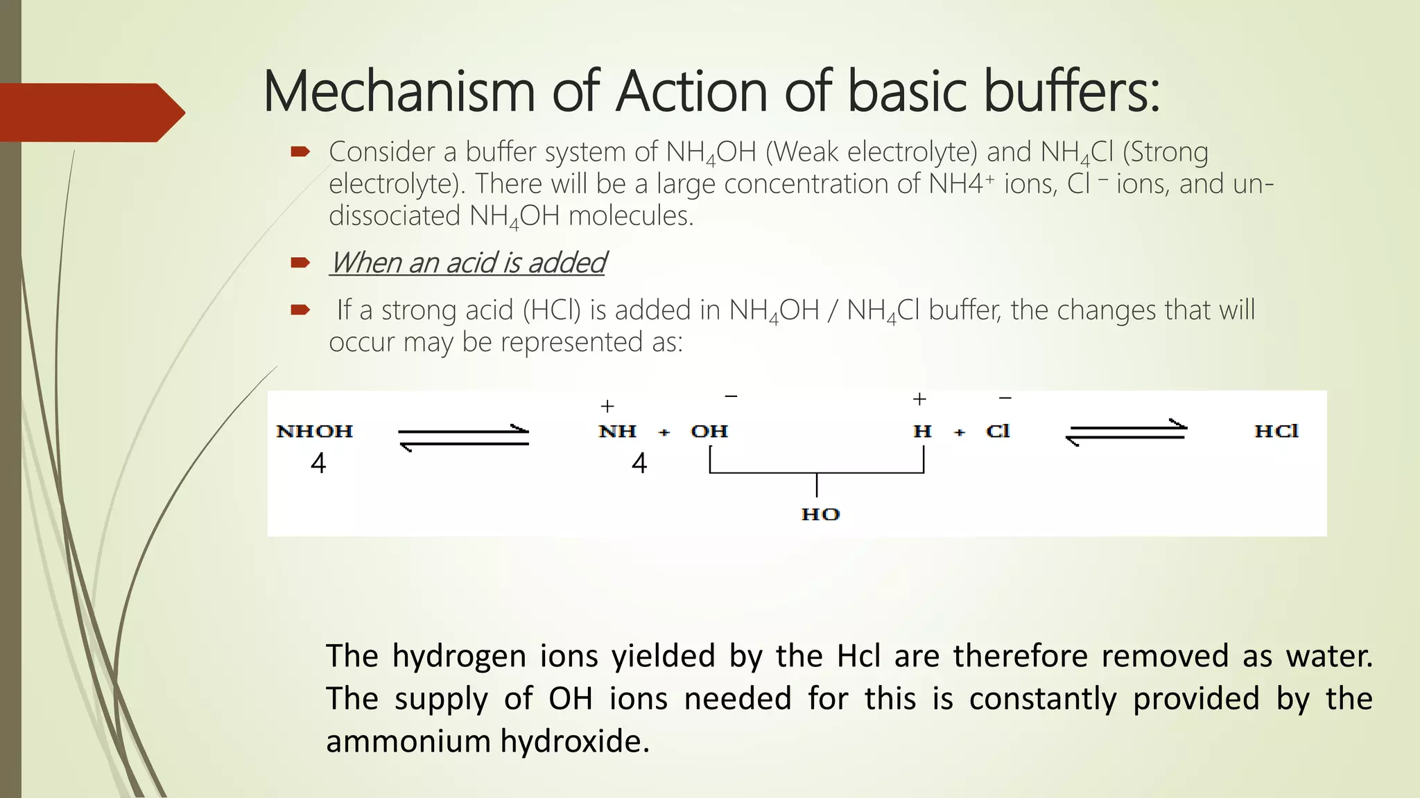 Mechanism of Action of basic buffers:
 Consider a buffer system of NH4OH (Weak electrolyte) and NH4Cl (Strong
electrolyte). There will be a large concentration of NH4+ ions, Cl – ions, and un-
dissociated NH4OH molecules.
 When an acid is added
 If a strong acid (HCl) is added in NH4OH / NH4Cl buffer, the changes that will
occur may be represented as:
4 4
The hydrogen ions yielded by the Hcl are therefore removed as water.
The supply of OH ions needed for this is constantly provided by the
ammonium hydroxide.
+
_
+ _
 