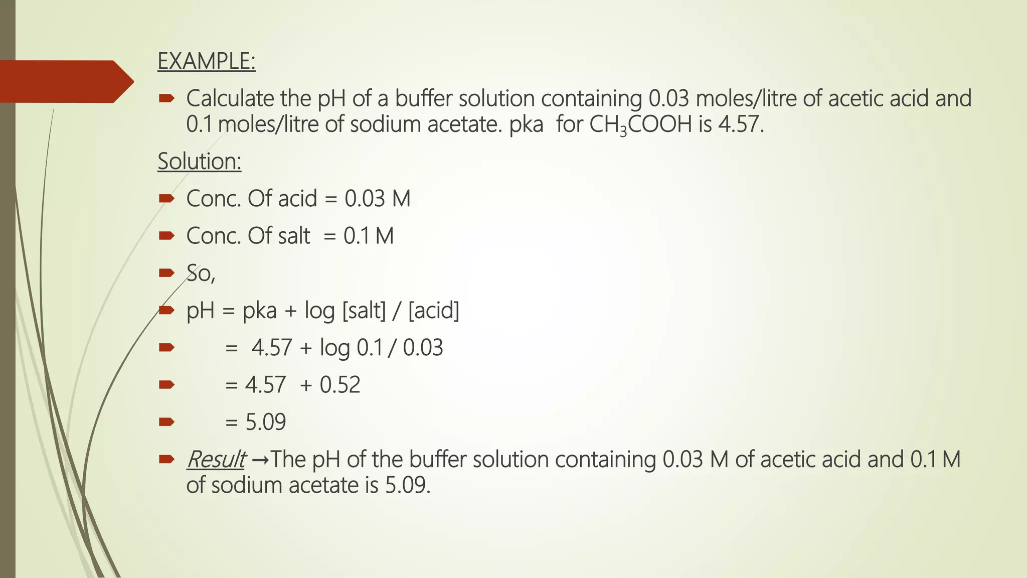 EXAMPLE:
 Calculate the pH of a buffer solution containing 0.03 moles/litre of acetic acid and
0.1 moles/litre of sodium acetate. pka for CH3COOH is 4.57.
Solution:
 Conc. Of acid = 0.03 M
 Conc. Of salt = 0.1 M
 So,
 pH = pka + log [salt] / [acid]
 = 4.57 + log 0.1 / 0.03
 = 4.57 + 0.52
 = 5.09
 Result →The pH of the buffer solution containing 0.03 M of acetic acid and 0.1 M
of sodium acetate is 5.09.
 