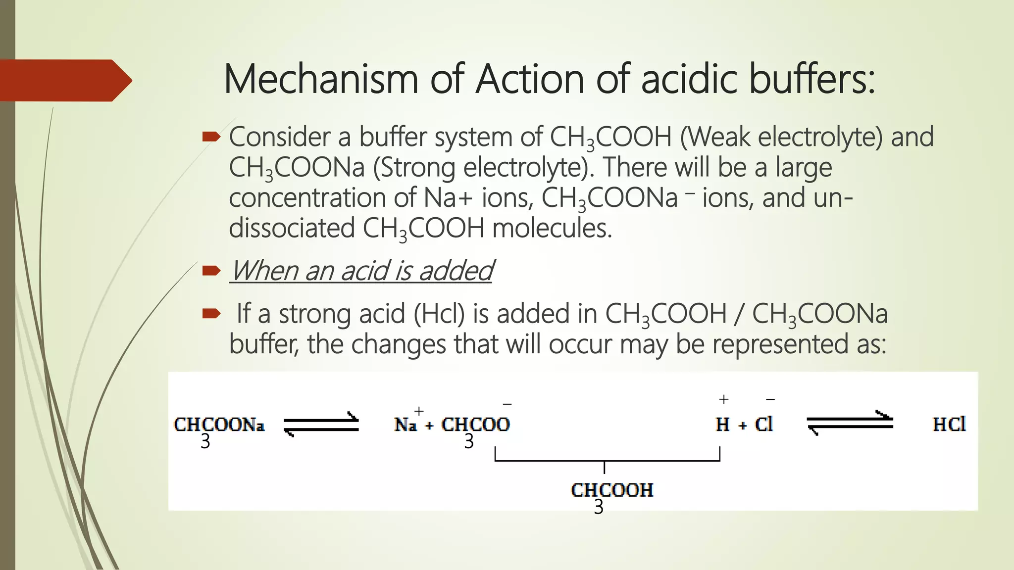 Mechanism of Action of acidic buffers:
 Consider a buffer system of CH3COOH (Weak electrolyte) and
CH3COONa (Strong electrolyte). There will be a large
concentration of Na+ ions, CH3COONa – ions, and un-
dissociated CH3COOH molecules.
 When an acid is added
 If a strong acid (Hcl) is added in CH3COOH / CH3COONa
buffer, the changes that will occur may be represented as:
3 3
3
+
_ + _
 