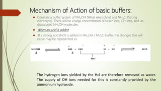 Mechanism of Action of basic buffers:
 Consider a buffer system of NH4OH (Weak electrolyte) and NH4Cl (Strong
electrolyte). There will be a large concentration of NH4+ ions, Cl – ions, and un-
dissociated NH4OH molecules.
 When an acid is added
 If a strong acid (HCl) is added in NH4OH / NH4Cl buffer, the changes that will
occur may be represented as:
4 4
The hydrogen ions yielded by the Hcl are therefore removed as water.
The supply of OH ions needed for this is constantly provided by the
ammonium hydroxide.
+
_
+ _
 