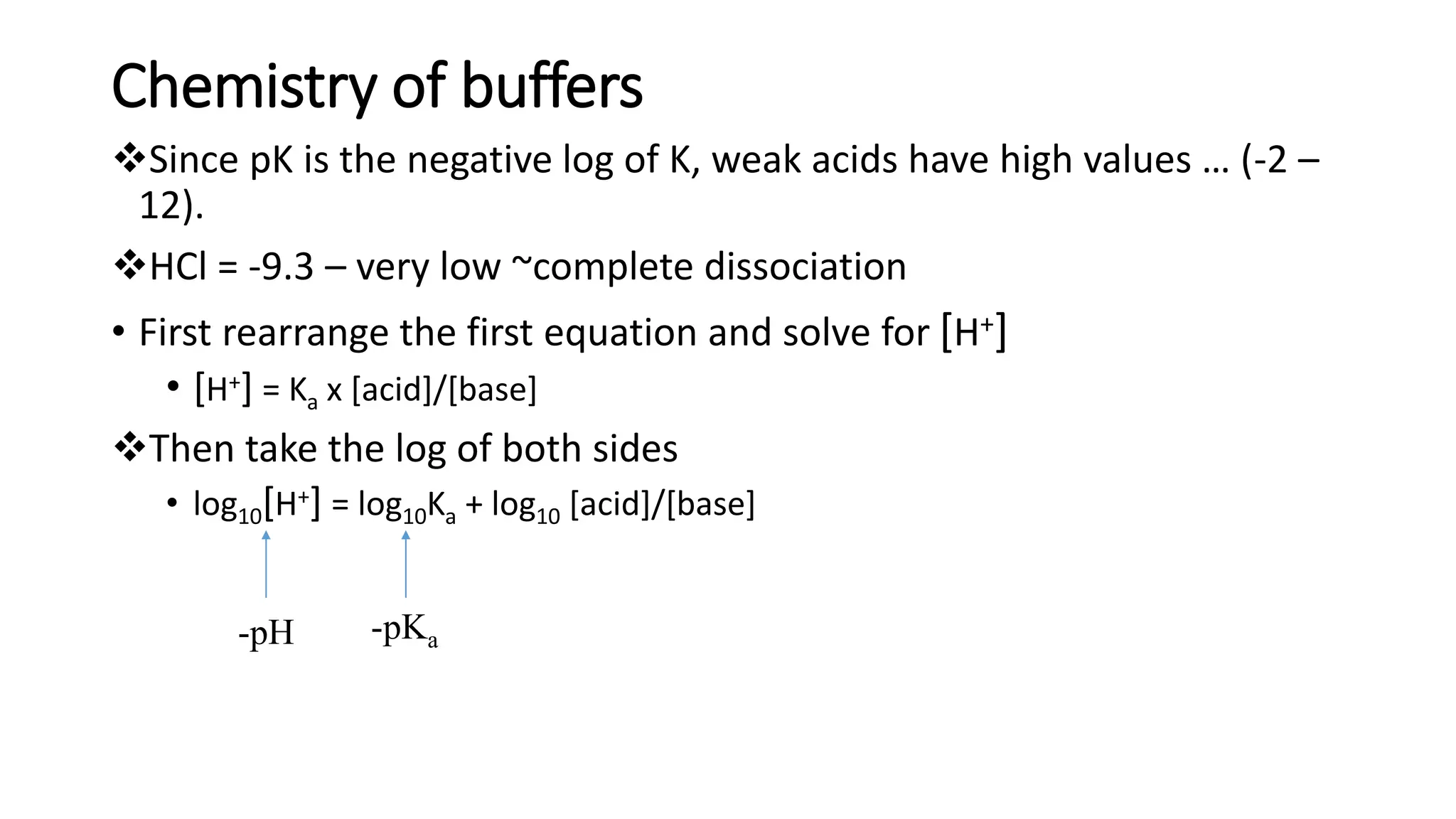 Chemistry of buffers
❖Since pK is the negative log of K, weak acids have high values … (-2 –
12).
❖HCl = -9.3 – very low ~complete dissociation
• First rearrange the first equation and solve for [H+]
• [H+] = Ka x [acid]/[base]
❖Then take the log of both sides
• log10[H+] = log10Ka + log10 [acid]/[base]
-pH -pKa
 