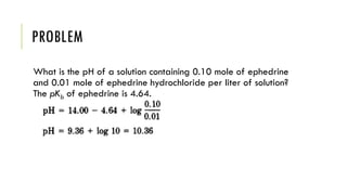 PROBLEM
What is the pH of a solution containing 0.10 mole of ephedrine
and 0.01 mole of ephedrine hydrochloride per liter of solution?
The pKb of ephedrine is 4.64.
 