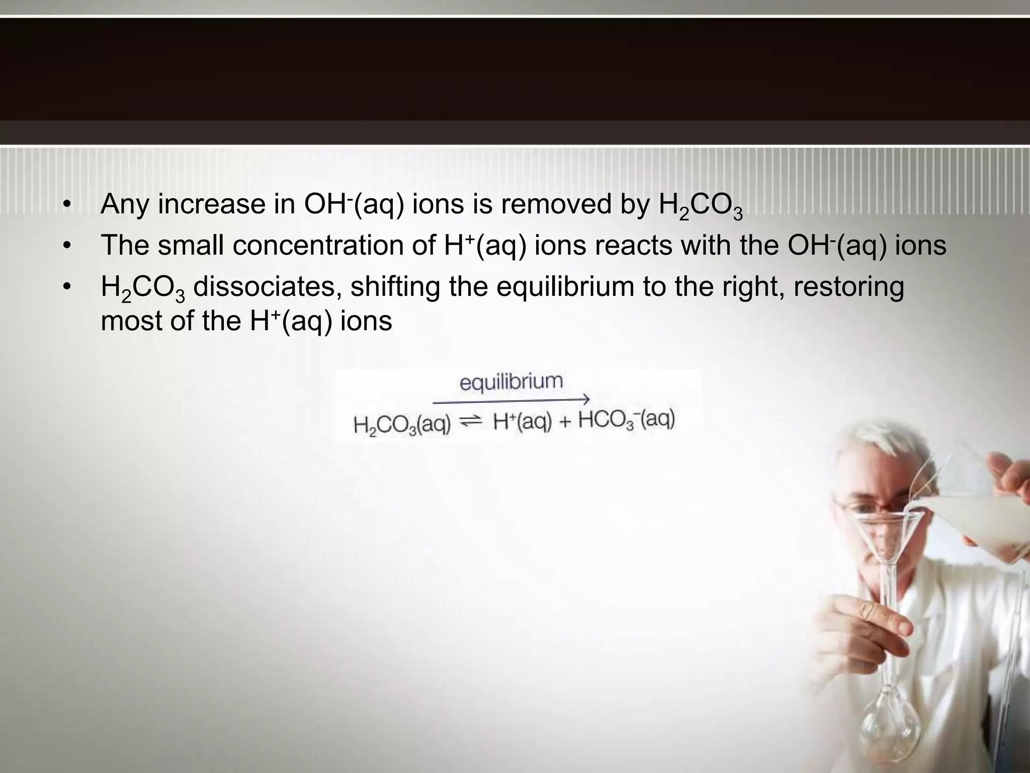 • Any increase in OH-(aq) ions is removed by H2CO3
• The small concentration of H+(aq) ions reacts with the OH-(aq) ions
• H2CO3 dissociates, shifting the equilibrium to the right, restoring
most of the H+(aq) ions
 