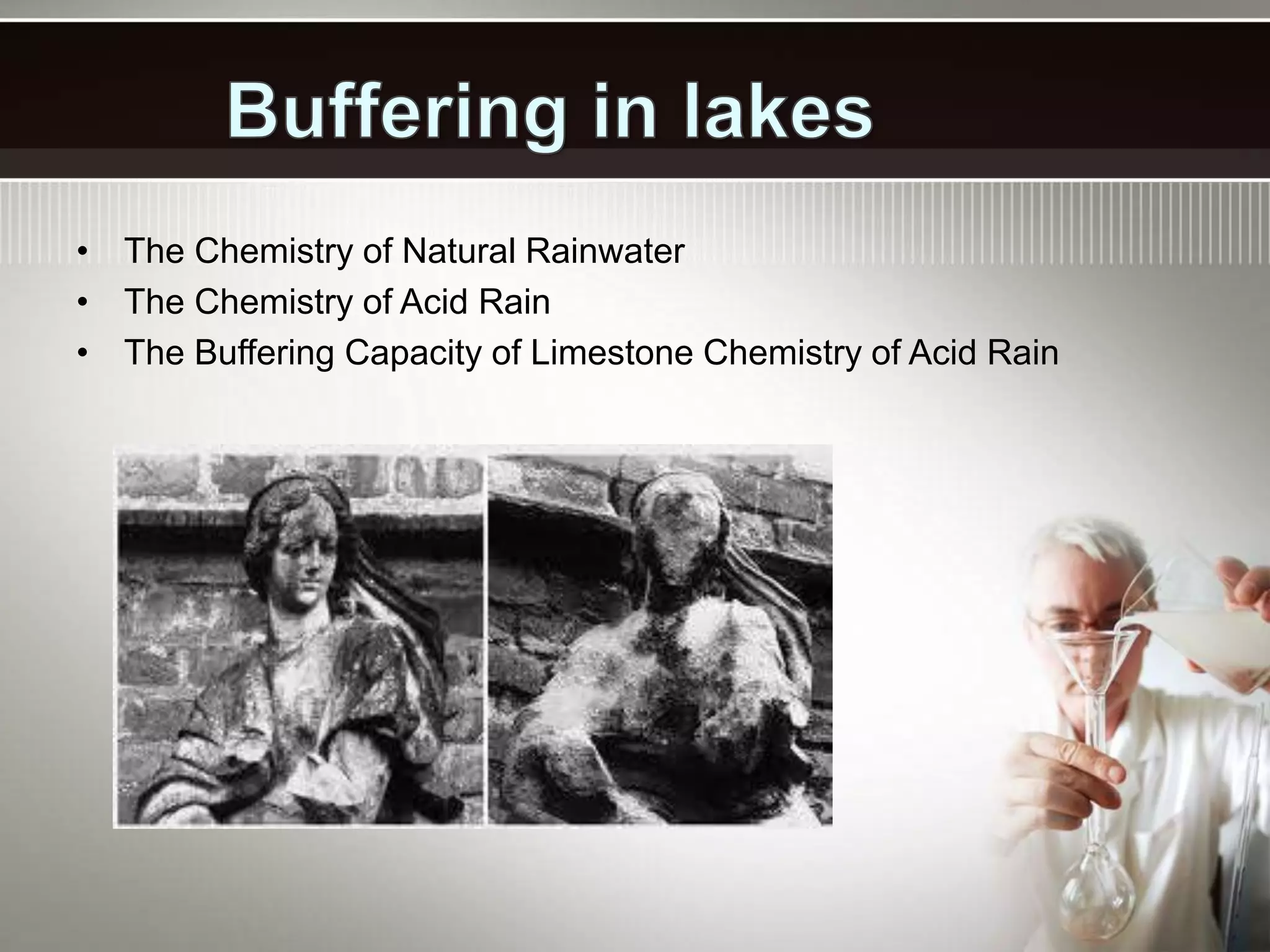 • The Chemistry of Natural Rainwater
• The Chemistry of Acid Rain
• The Buffering Capacity of Limestone Chemistry of Acid Rain
 