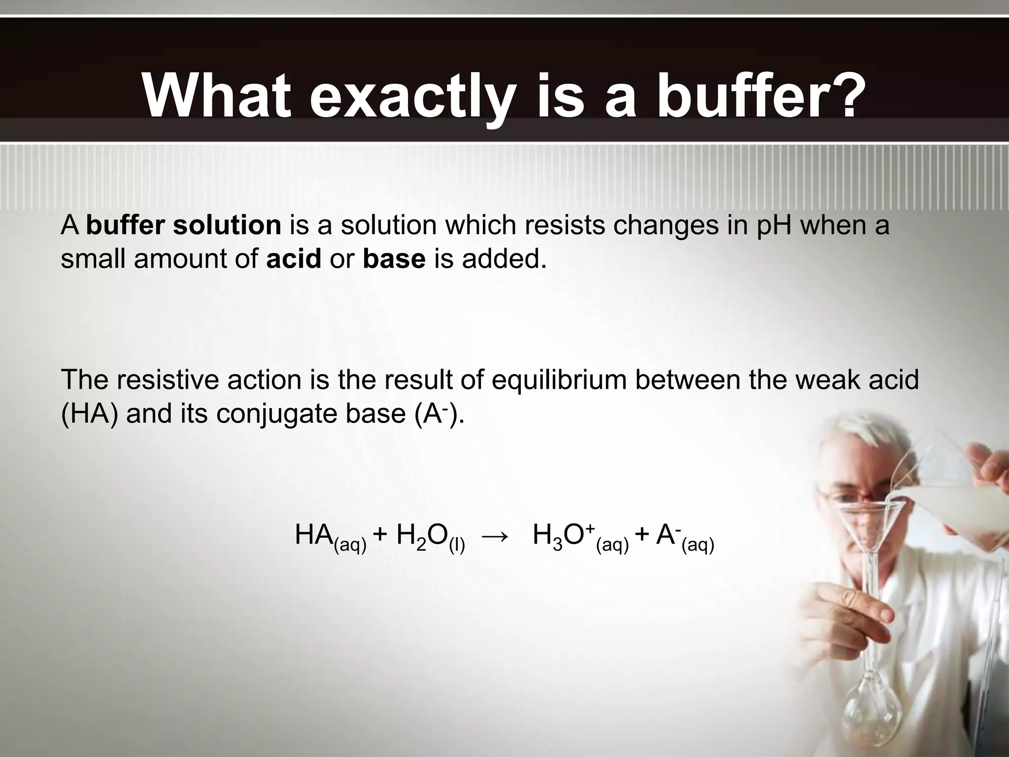 What exactly is a buffer?
A buffer solution is a solution which resists changes in pH when a
small amount of acid or base is added.
The resistive action is the result of equilibrium between the weak acid
(HA) and its conjugate base (A-).
HA(aq) + H2O(l) → H3O+
(aq) + A-
(aq)
 