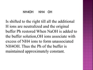 NH4OH NH4 OH
Is shifted to the right till all the additional
H ions are neutralized and the original
buffer Ph restored When NaOH is added to
the buffer solution,OH ions associate with
excess of NH4 ions to form unassociated
NH4OH. Thus the Ph of the buffer is
maintained approximately constant.
 