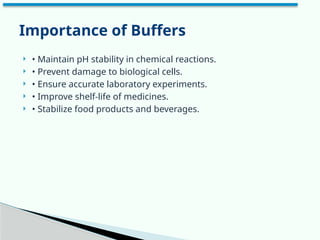  • Maintain pH stability in chemical reactions.
 • Prevent damage to biological cells.
 • Ensure accurate laboratory experiments.
 • Improve shelf-life of medicines.
 • Stabilize food products and beverages.
Importance of Buffers
 