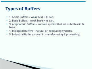  1. Acidic Buffers – weak acid + its salt.
 2. Basic Buffers – weak base + its salt.
 3. Amphoteric Buffers – contain species that act as both acid &
base.
 4. Biological Buffers – natural pH regulating systems.
 5. Industrial Buffers – used in manufacturing & processing.
Types of Buffers
 