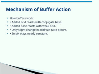  How buffers work:
 • Added acid reacts with conjugate base.
 • Added base reacts with weak acid.
 • Only slight change in acid/salt ratio occurs.
 • So pH stays nearly constant.
Mechanism of Buffer Action
 