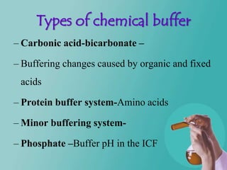 Types of chemical buffer
– Carbonic acid-bicarbonate –

– Buffering changes caused by organic and fixed
 acids

– Protein buffer system-Amino acids

– Minor buffering system-

– Phosphate –Buffer pH in the ICF
 