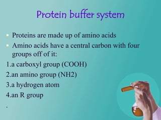 Protein buffer system

 Proteins are made up of amino acids
 Amino acids have a central carbon with four
  groups off of it:
1.a carboxyl group (COOH)
2.an amino group (NH2)
3.a hydrogen atom
4.an R group
.
 