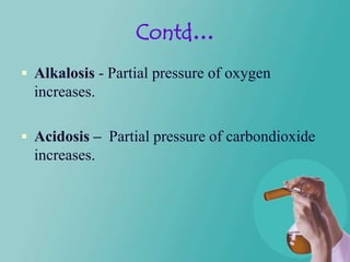 Contd…
 Alkalosis - Partial pressure of oxygen
  increases.

 Acidosis – Partial pressure of carbondioxide
  increases.
 