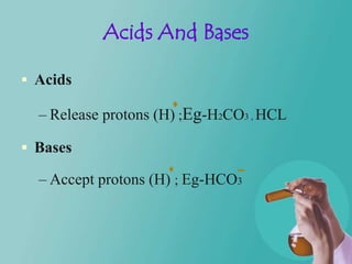 Acids And Bases

 Acids

  – Release protons (H) ;Eg-H2CO3 , HCL

 Bases

  – Accept protons (H) ; Eg-HCO3
 