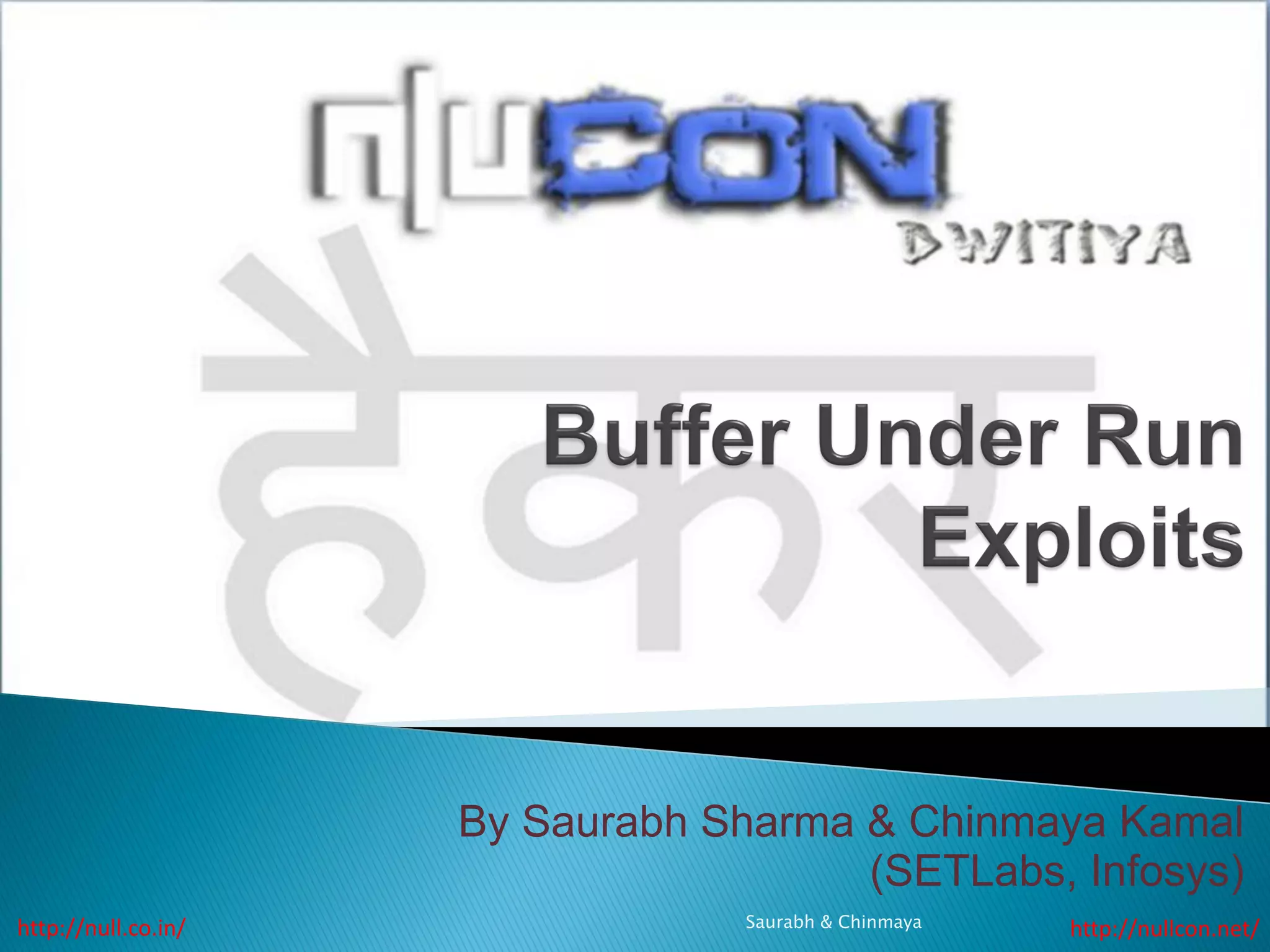 By Saurabh Sharma & Chinmaya Kamal
(SETLabs, Infosys)
http://null.co.in/ Saurabh & Chinmaya http://nullcon.net/