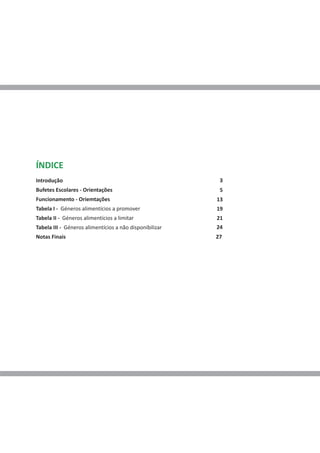 ÍNDICE
Introdução                                                3
Bufetes Escolares - Orientações                           5
Funcionamento - Oriemtações                              13
Tabela I - Géneros alimentícios a promover               19
Tabela II - Géneros alimentícios a limitar               21
Tabela III - Géneros alimentícios a não disponibilizar   24
Notas Finais                                             27
 