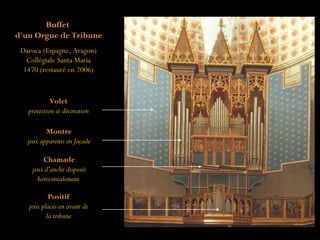 Daroca (Espagne, Aragon)
Collégiale Santa Maria
1470 (restauré en 2006)
Positif
jeux placés en avant de
la tribune
Montre
jeux apparents en façade
Chamade
jeux d'anche disposés
horizontalement
Volet
protection et décoration
Buffet
d'un Orgue de Tribune
 