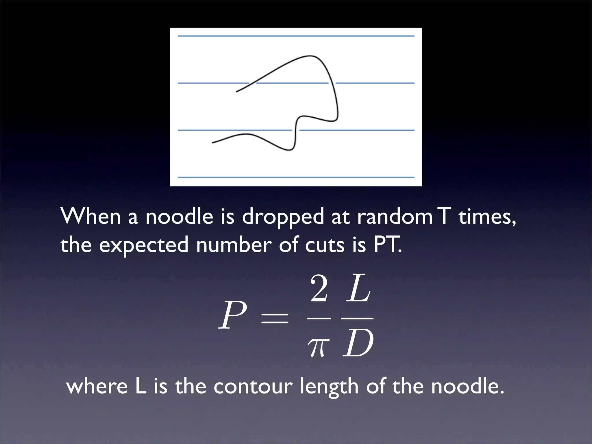 When a noodle is dropped at random T times,
the expected number of cuts is PT.

                   2L
               P =
                   πD
where L is the contour length of the noodle.
 