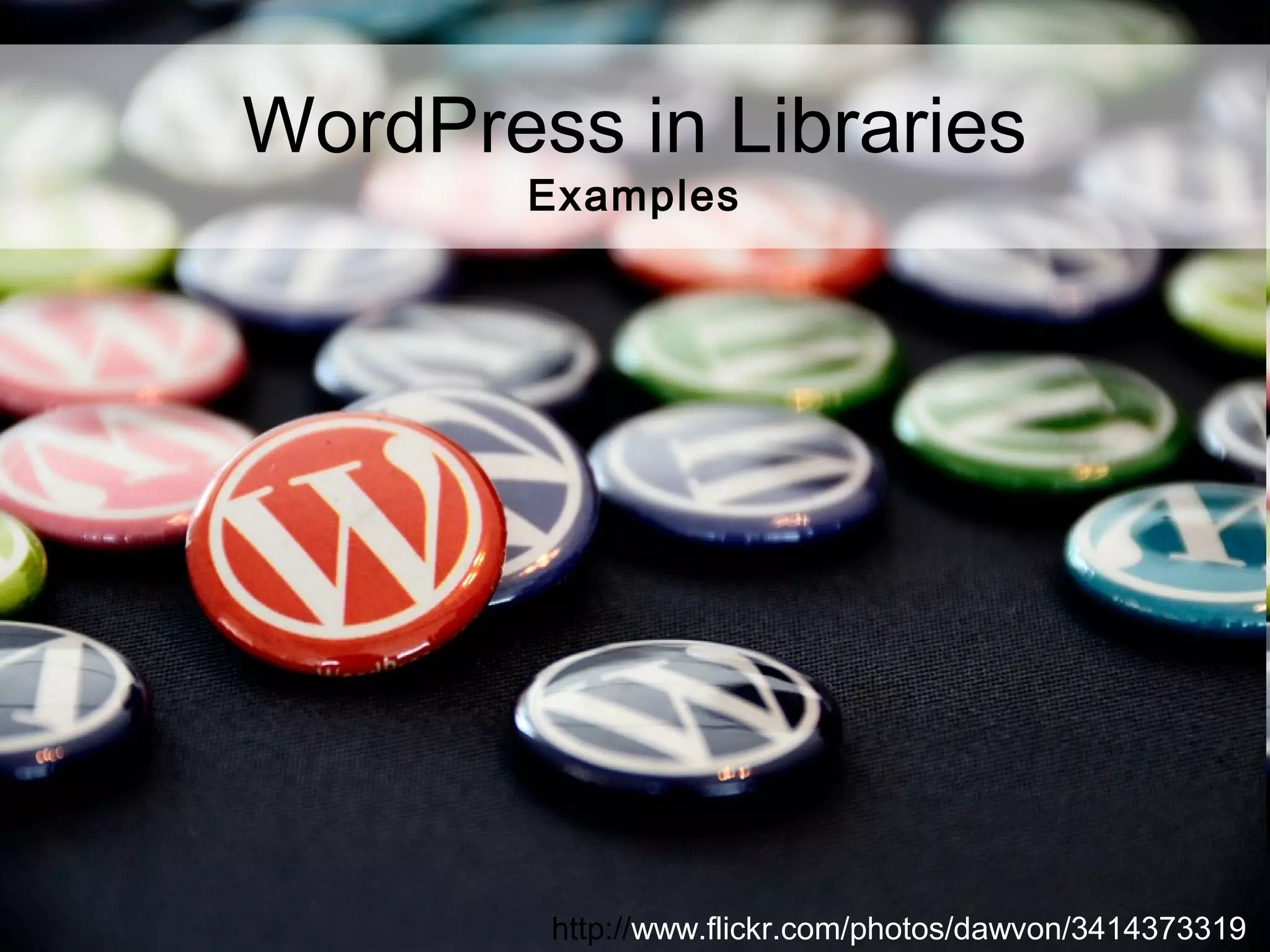 WordPress in Libraries
Examples
http://www.flickr.com/photos/dawvon/3414373319/
 