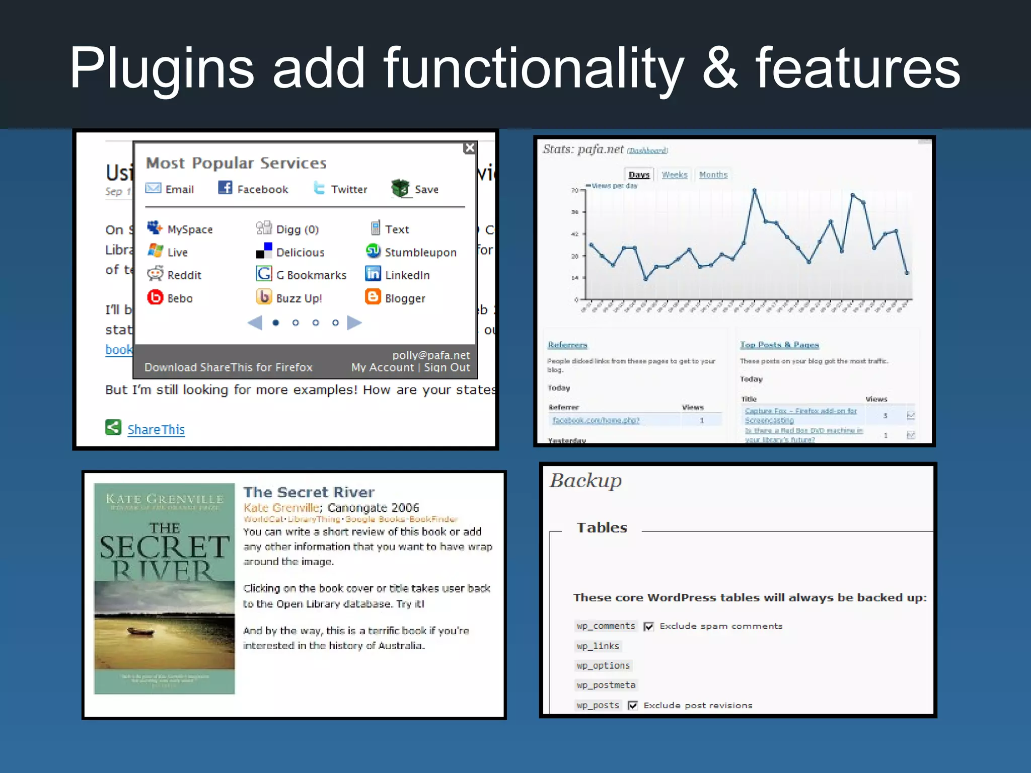 Plugins add functionality & features
 