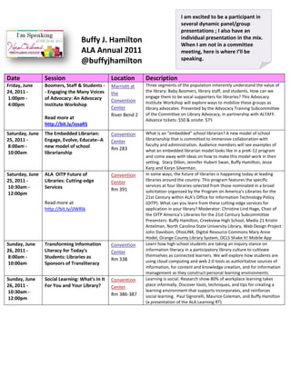 I am excited to be a participant in
                                                                                 several dynamic panel/group
                                                                                 presentations ; I also have an
                                                                                 individual presentation in the mix.
                                  Buffy J. Hamilton                              When I am not in a committee
                                  ALA Annual 2011                                meeting, here is where I’ll be
                                  @buffyjhamilton                                speaking.


Date             Session                         Location       Description
Friday, June     Boomers, Staff & Students -     Marriott at    Three segments of the population inherently understand the value of
24, 2011 -       - Engaging the Many Voices                     the library: Baby Boomers, library staff, and students. How can we
                                                 the
1:00pm -         of Advocacy: An Advocacy                       engage them to be vocal supporters for libraries? This Advocacy
                                                 Convention     Institute Workshop will explore ways to mobilize these groups as
4:00pm           Institute Workshop
                                                 Center         library advocates. Presented by the Advocacy Training Subcommittee
                                                 River Bend 2   of the Committee on Library Advocacy, in partnership with ALTAFF.
                 Read more at                                   Advance tickets: $50 & onsite: $75
                 http://bit.ly/iosaRS
Saturday, June   The Embedded Librarian:         Convention     What is an “embedded” school librarian? A new model of school
25, 2011 -       Engage, Evolve, Educate--A                     librarianship that is committed to immersive collaboration with
                                                 Center
8:00am -         new model of school                            faculty and administration. Audience members will see examples of
                                                 Rm 283         what an embedded librarian model looks like in a preK-12 program
10:00am          librarianship
                                                                and come away with ideas on how to make this model work in their
                                                                setting. Stacy Dillon, Jennifer Hubert Swan, Buffy Hamilton, Jesse
                                                                Karp and Karyn Silverman.
Saturday, June   ALA OITP Future of              Convention     In some ways, the future of libraries is happening today at leading
25, 2011 -       Libraries: Cutting-edge                        libraries around the country. This program features the specific
                                                 Center
10:30am -        Services                                       services at four libraries selected from those nominated in a broad
                                                 Rm 391         solicitation organized by the Program on America’s Libraries for the
12:00pm
                                                                21st Century within ALA’s Office for Information Technology Policy
                 Read more at                                   (OITP). What can you learn from these cutting-edge services for
                 http://bit.ly/jlWRIk                           application in your library? Moderator: Christine Lind Hage, Chair of
                                                                the OITP America’s Libraries for the 21st Century Subcommittee
                                                                Presenters: Buffy Hamilton, Creekview High School, Media 21 Kristin
                                                                Antelman, North Carolina State University Library, Web Design Project
                                                                John Davidson, OhioLINK, Digital Resource Commons Mary Anne
                                                                Hodel, Orange County Library System, OCLS Shake It! Mobile App
Sunday, June     Transforming Information        Convention     Learn how high school students are taking an inquiry stance on
26, 2011 -       Literacy for Today's                           information literacy in a participatory library culture to cultivate
                                                 Center
8:00am -         Students: Libraries as                         themselves as connected learners. We will explore how students are
                                                 Rm 338         using cloud computing and web 2.0 tools as authoritative sources of
10:00am          Sponsors of Transliteracy
                                                                information, for content and knowledge creation, and for information
                                                                management as they construct personal learning environments.
Sunday, June     Social Learning: What's In It   Convention     Learning is social. Research show 80% of workplace learning takes
26, 2011 -       For You and Your Library?                      place informally. Discover tools, techniques, and tips for creating a
                                                 Center
10:30am -                                                       learning environment that supports incorporates, and reinforces
                                                 Rm 386-387     social learning. Paul Signorelli, Maurice Coleman, and Buffy Hamilton
12:00pm
                                                                (a presentation of the ALA Learning RT)
 