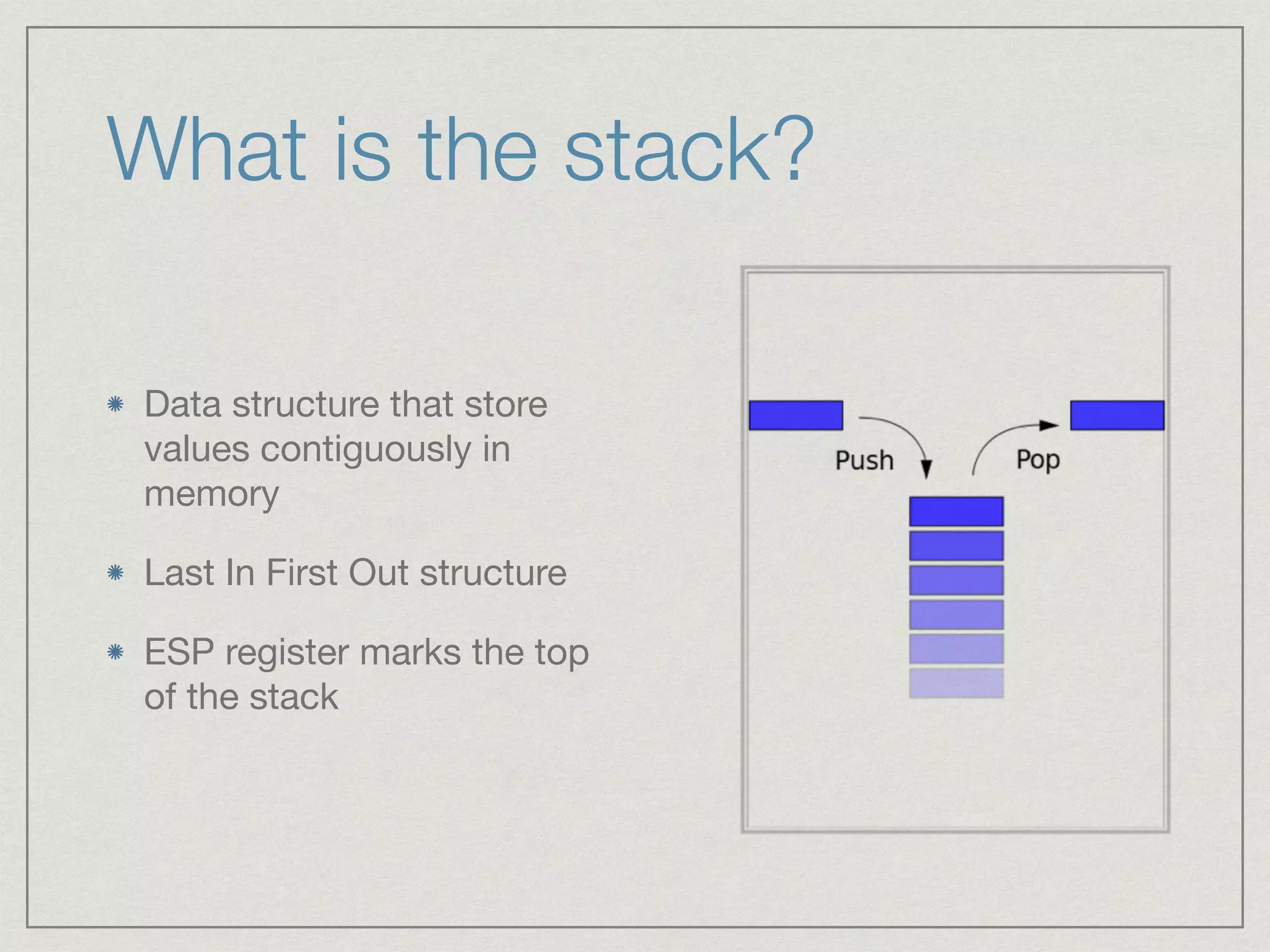 What is the stack?
Data structure that store
values contiguously in
memory

Last In First Out structure

ESP register marks the top
of the stack
 