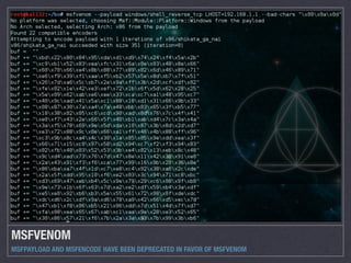 MSFVENOM
MSFPAYLOAD AND MSFENCODE HAVE BEEN DEPRECATED IN FAVOR OF MSFVENOM
 