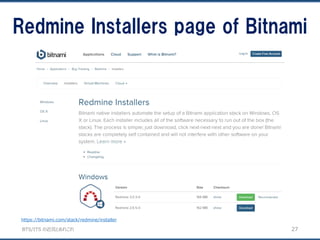 BTS/ITS の近況とあれこれ
Redmine Installers page of Bitnami
27
https://bitnami.com/stack/redmine/installer
 