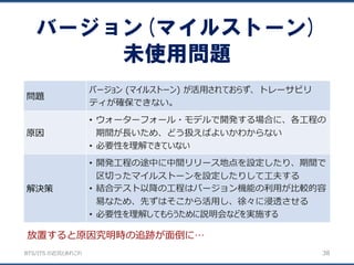 BTS/ITS の近況とあれこれ
バージョン(マイルストーン)
未使用問題
38
問題
バージョン (マイルストーン) が活用されておらず、トレーサビリ
ティが確保できない。
原因
• ウォーターフォール・モデルで開発する場合に、各工程の
期間が長いため、どう扱えばよいかわからない
• 必要性を理解できていない
解決策
• 開発工程の途中に中間リリース地点を設定したり、期間で
区切ったマイルストーンを設定したりして工夫する
• 結合テスト以降の工程はバージョン機能の利用が比較的容
易なため、先ずはそこから活用し、徐々に浸透させる
• 必要性を理解してもらうために説明会などを実施する
放置すると原因究明時の追跡が面倒に…
 
