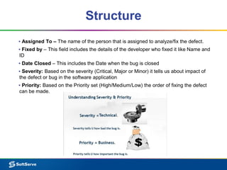Structure
▪ Assigned To – The name of the person that is assigned to analyze/fix the defect.
▪ Fixed by – This field includes the details of the developer who fixed it like Name and
ID
▪ Date Closed – This includes the Date when the bug is closed
▪ Severity: Based on the severity (Critical, Major or Minor) it tells us about impact of
the defect or bug in the software application
▪ Priority: Based on the Priority set (High/Medium/Low) the order of fixing the defect
can be made.
 