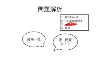 問題解析
1. 按下Cancel
2. ~CSelExcelDlg
3. ~CString
4. 當掉
結果一樣 那…問題
在？？
 