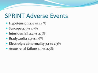 SPRINT Adverse Events
 Hypotension 2.4 vs 1.4 %
 Syncope 2.3 vs 1.7%
 Injurious fall 2.2 vs 2.3%
 Bradycardia 1.9 vs 1.6%
 Electrolyte abnormality 3.1 vs 2.3%
 Acute renal failure 4.1 vs 2.5%
 
