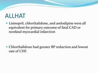 ALLHAT
 Lisinopril, chlorthalidone, and amlodipine were all
equivalent for primary outcome of fatal CAD or
nonfatal myocardial infarction
 Chlorthalidone had greater BP reduction and lowest
rate of CHF.
 