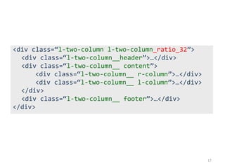 <div class=“l-two-column l-two-column_ratio_32”>
  <div class=“l-two-column__header”>…</div>
  <div class=“l-two-column__ content”>
      <div class=“l-two-column__ r-column”>…</div>
      <div class=“l-two-column__ l-column”>…</div>
  </div>
  <div class=“l-two-column__ footer”>…</div>
</div>




                                                     17
 