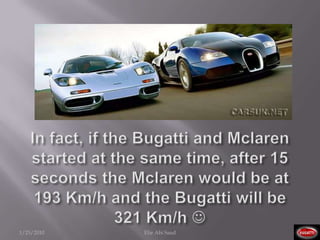 The fastest road cars after the bugattii:CCR (388 km/h)McLaren (387 km/h)1/23/2010Elie Abi Saad