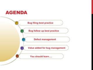 AGENDA
Bug filing best practice
You should learn….
Value added for bug management
Defect management
Bug follow up best practice
 