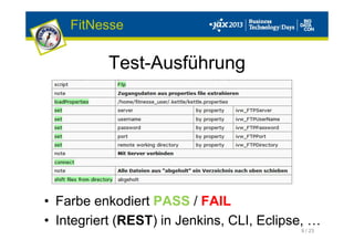 9 / 23
Test-Ausführung
FitNesse
• Farbe enkodiert PASS / FAIL
• Integriert (REST) in Jenkins, CLI, Eclipse, …
 