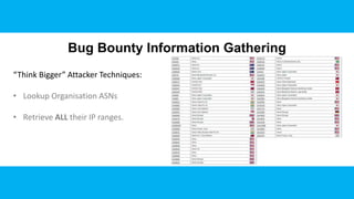 Bug Bounty Information Gathering
“Think Bigger” Attacker Techniques:
• Lookup Organisation ASNs
• Retrieve ALL their IP ra...