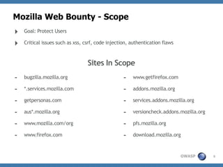 Mozilla Web Bounty - Scope
‣   Goal: Protect Users

‣   Critical issues such as xss, csrf, code injection, authentication ...