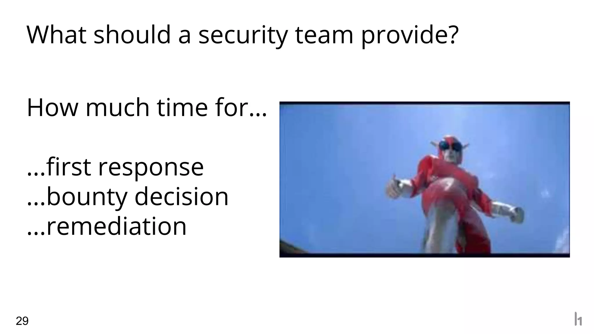 What should a security team provide?
29
How much time for…
...first response
...bounty decision
...remediation
 