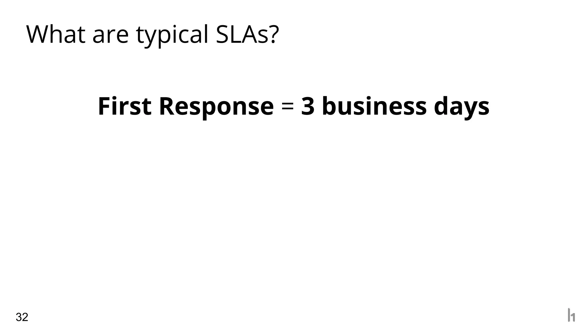 What are typical SLAs?
32
First Response = 3 business days
 