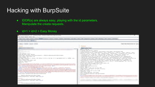 Hacking with BurpSuite
● IDOR(s) are always easy, playing with the id parameters.
Manipulate the create requests.
● id=1 > id=2 > Easy Money
 