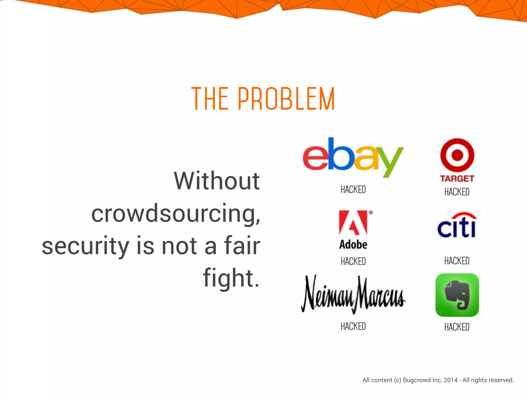 !
All content (c) Bugcrowd Inc, 2014 - All rights reserved.
the problem
Without
crowdsourcing,
security is not a fair
fight.
HACKED
HACKED
HACKED HACKED
HACKED
HACKED
 