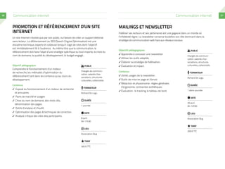 26

Communication internet

Communication internet

Promotion et référencement d’un site
Internet
Un site Internet n’existe que par son public, nul besoin de créer un support éditorial
sans lecteur. Le référencement ou SEO (Search Engine Optimisation) est une
discipline technique, experte et coûteuse lorsqu’il s’agit de sites dont l’objectif
est immédiatement lié à l’audience.  Au même titre que la communication, le
référencement doit faire l’objet d’une stratégie spécifique ou tout importe, le choix du
nom de domaine, la qualité du développement, le budget engagé...

Mailings et newsletter
Fidéliser ses lecteurs et ses partenaires est une gageure dans un monde où
l’infobésité règne. La newsletter conserve toutefois son rôle dominant dans la
stratégie de communication web face aux réseaux sociaux.

Objectifs pédagogiques
✓✓Apprendre à concevoir une newsletter.
✓✓Utiliser les outils adaptés.
✓✓Élaborer sa stratégie de fidélisation.

Objectif pédagogique
Comprendre le fonctionnement d’un moteur
de recherche, les méthodes d’optimisation du
référencement tant dans les contenus qu’au cours du
développement.  
Contenus
✓✓✓Exposé du fonctionnement d’un moteur de recherche
et annuaires.

Public
Chargés de communication, salariés d’associations, structures
culturelles, collectivités
Formateur
Richard De Logu 

✓✓✓Parts de marché et usages.
✓✓✓Choix du nom de domaine, des mots clés,
dénomination des pages.
✓✓✓Outils d’analyse et d’audit.
✓✓✓Optimisation des pages & techniques de correction.
✓✓✓Analyse critique des sites des participants.

Durée
1 journée 
Date
8 avril
9h-17h30
Lieu
Association Bug
Tarif
300 € TTC

✓✓Évaluation et impact.
Contenus
✓✓Utilité, usages de la newsletter.
✓✓Outils de mise en page et d’envoi.
✓✓Rédaction et physionomie : règles générales
d’ergonomie, contraintes esthétiques.
✓✓Évaluation : le tracking, le tableau de bord.

Public
Chargés de communication, salariés d’associations, structures
culturelles, collectivités
Formateur
Richard De Logu
Durée
1 demi-journée
Date
29 avril
9h-12h30
Lieu
Association Bug
Tarif
200 € TTC

27

 